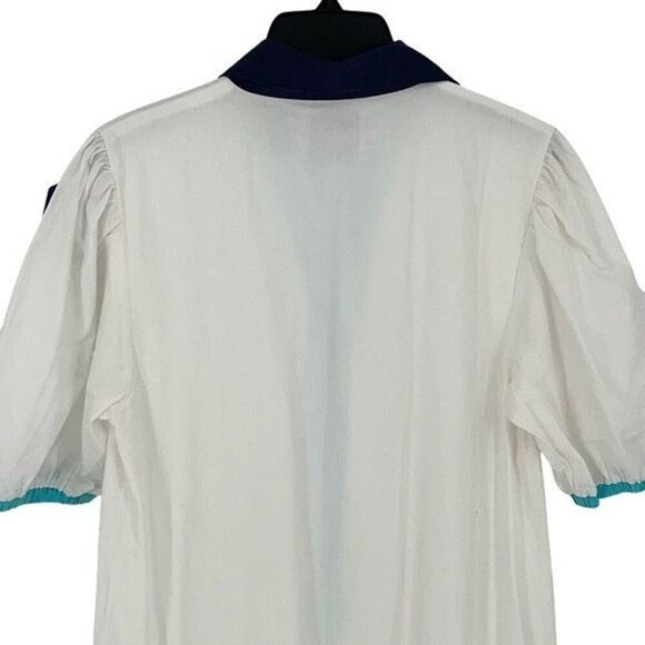 ADDISON BAY ISLE DRESS 100% Poplin Cotton White Blue Pipping Drop Waist Midi Sma - Picture 7 of 11